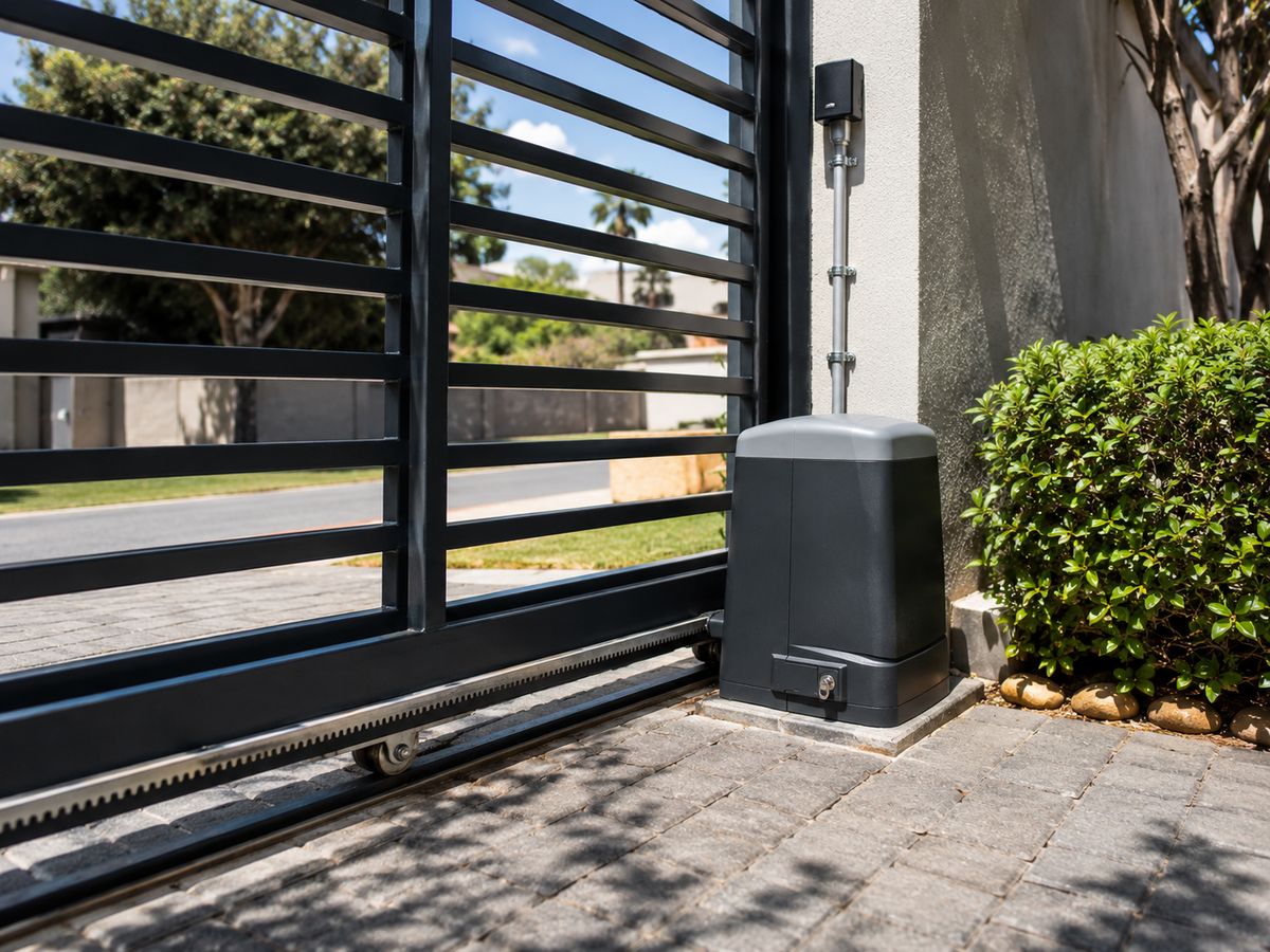Electric gate motor or modern driveway gate installation